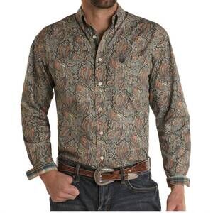 NEW PANHANDLE paisley long sleeve single pocket button down shirt in tan
